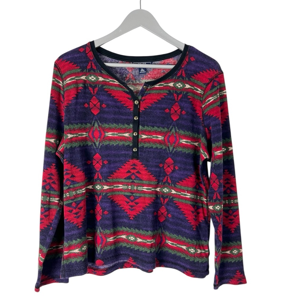 Vintage Chaps Ralph‎ Lauren Women Thermal Henley Aztec Print Top XL Tribal Y2K